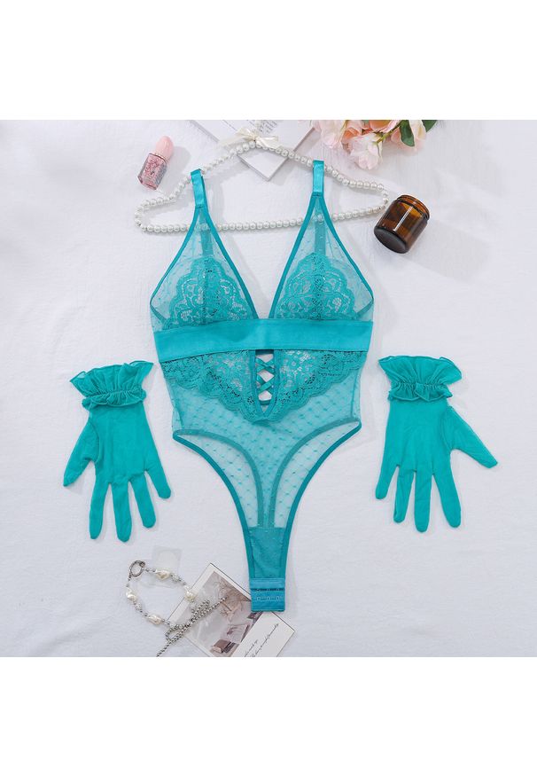 Intica - Body koronkowe z delikatnym wzorem Seonaid. Kolor: niebieski. Materiał: koronka. Wzór: koronka