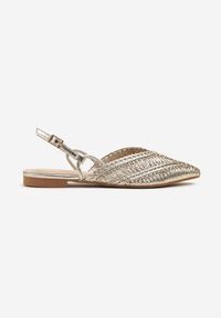 Renee - Złote Sandały Typu Slingback z Metaliczną Nicią i Plecioną Cholewką Nilavalia. Okazja: na co dzień. Zapięcie: sprzączka. Kolor: złoty. Styl: casual, elegancki