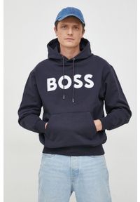 BOSS bluza bawełniana męska kolor niebieski z kapturem z nadrukiem. Typ kołnierza: kaptur. Kolor: niebieski. Materiał: bawełna. Wzór: nadruk