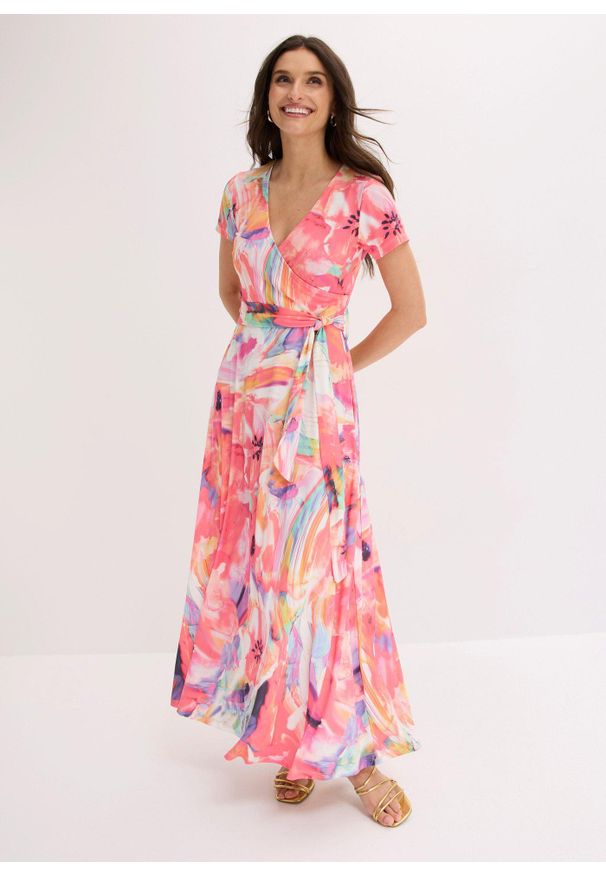 bonprix - Sukienka maxi. Kolor: różowy. Wzór: kolorowy, kwiaty. Sezon: lato. Długość: maxi