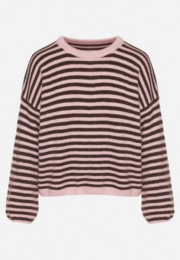 Born2be - Różowy Sweter Oversize w Paski z Dodatkiem Wełny i Wiskozy Tianalla. Kolor: różowy. Materiał: wełna, wiskoza. Wzór: paski. Styl: elegancki