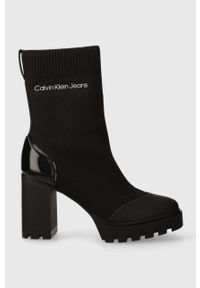 Calvin Klein Jeans botki PLATFORM KNIT SOCK KNIT WN damskie kolor czarny na słupku YW0YW01196. Nosek buta: okrągły. Kolor: czarny. Materiał: skóra. Obcas: na platformie. Wysokość obcasa: średni #1