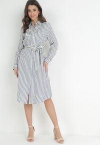 Born2be - Niebieska Koszulowa Sukienka z Bawełny w Paski Ditya. Kolor: niebieski. Materiał: bawełna. Wzór: paski. Typ sukienki: koszulowe #3