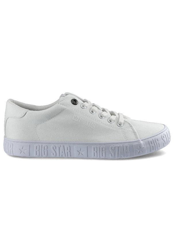 Big-Star - Trampki damskie Big Star, materiał tekstylny w białym kolorze z klasycznym sznurowaniem oraz gumową podeszwą z tłoczonym logo, białe, HH174062. Okazja: na co dzień. Wysokość cholewki: przed kostkę. Zapięcie: sznurówki. Kolor: biały. Materiał: materiał, guma. Szerokość cholewki: normalna. Sezon: lato. Styl: klasyczny
