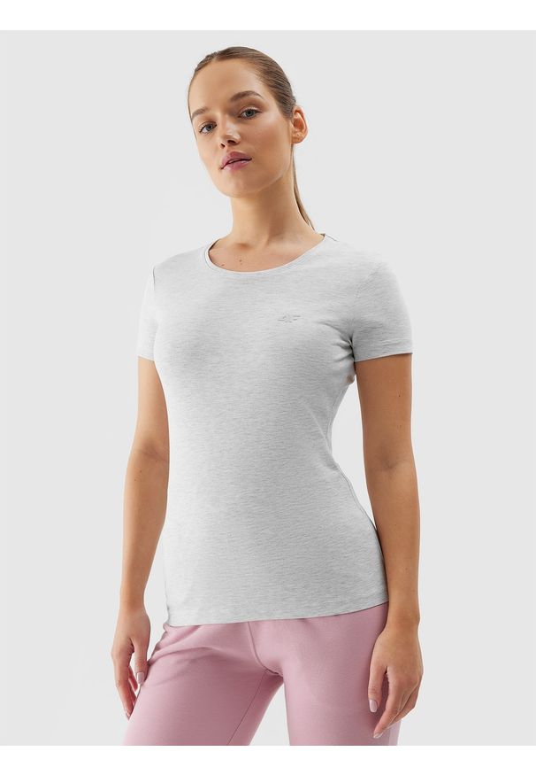 4f - 4F T-shirt slim gładki damski - szary M. Okazja: na co dzień. Kolor: szary. Materiał: dzianina, bawełna, jersey, materiał, elastan. Wzór: gładki. Styl: sportowy, casual