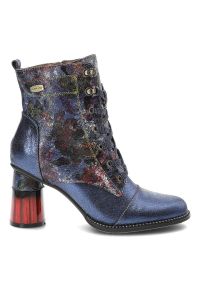 Niebieskie Botki Laura Vita Gustowne Buty Na Obcasie. Okazja: na co dzień. Zapięcie: sznurówki. Kolor: niebieski. Szerokość cholewki: normalna. Wzór: kwiaty. Materiał: skóra, materiał. Obcas: na obcasie. Styl: elegancki. Wysokość obcasa: średni #6