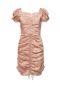 DOLLINA - Marszczona sukienka z kwiatowym printem Mariposa. Kolor: beżowy. Materiał: wiskoza, satyna. Wzór: kwiaty, nadruk. Długość: mini #6