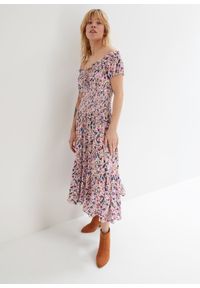 bonprix - Sukienka letnia z dekoltem carmen. Typ kołnierza: typu carmen. Kolor: biały. Wzór: nadruk. Sezon: lato #1