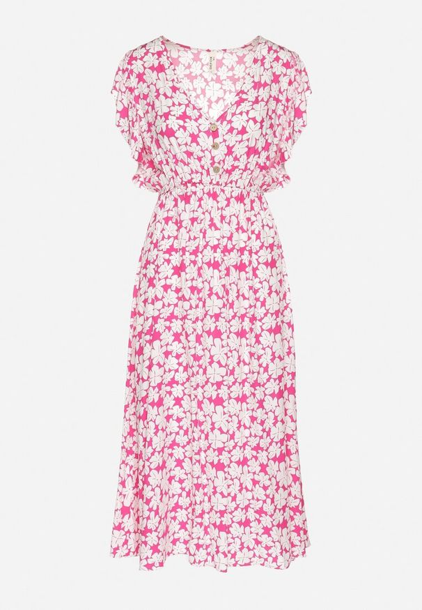 Born2be - Fuksjowa Bawełniana Sukienka w Kwiatki o Rozkloszowanym Kroju z Gumką Alanilia. Okazja: na co dzień. Typ kołnierza: dekolt w kształcie V. Kolor: różowy. Wzór: kwiaty. Typ sukienki: rozkloszowane. Materiał: bawełna. Długość rękawa: krótki rękaw. Sezon: wiosna, lato. Styl: casual, elegancki