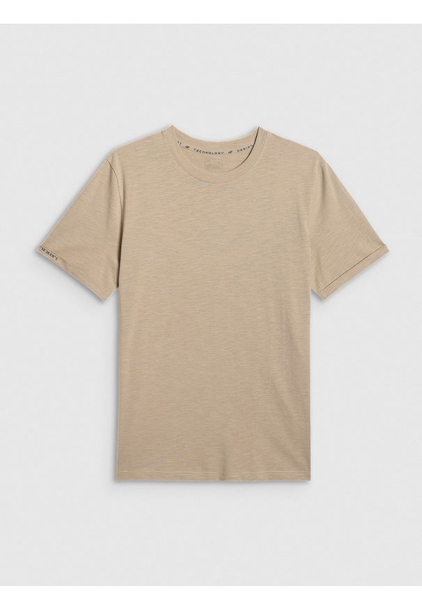 4f - 4F T-shirt regular gładki męski - beżowy S. Okazja: na co dzień. Kolor: beżowy. Materiał: dzianina, bawełna. Wzór: gładki. Styl: casual