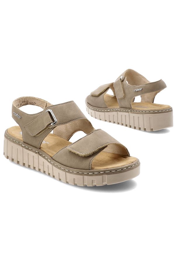 Sandały damskie Rieker, cholewka ze skóry ekologicznej z materiałowym wnętrzem zapinane na rzep, beżowe, V1382-64. Zapięcie: rzepy. Kolor: beżowy. Materiał: materiał, skóra ekologiczna