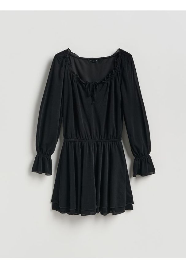 Reserved - Sukienka mini z falbanami - czarny. Kolor: czarny. Materiał: dzianina. Długość: mini