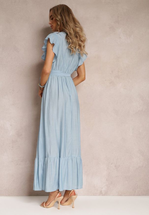 Renee - Niebieska Rozkloszowana Sukienka Maxi z Gumką w Talii Lavla. Kolor: niebieski. Materiał: materiał. Długość: maxi