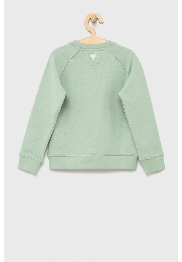 Guess bluza dziecięca kolor zielony z nadrukiem. Okazja: na co dzień. Kolor: zielony. Materiał: bawełna, dzianina. Długość rękawa: raglanowy rękaw. Wzór: nadruk. Styl: casual
