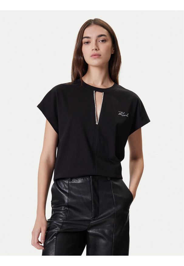 Karl Lagerfeld - KARL LAGERFELD Bluzka A4W17046 Czarny Relaxed Fit. Typ kołnierza: dekolt w karo. Kolor: czarny. Materiał: bawełna