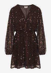 Born2be - Brązowa Cekinowa Sukienka o Rozkloszowanym Kroju z Długimi Rękawami Reira. Okazja: na imprezę. Kolor: brązowy. Materiał: poliester. Długość rękawa: długi rękaw. Styl: elegancki #4