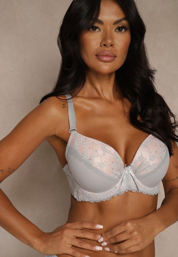 Renee - Szaro-Różowy Biustonosz z Koronką i Cyrkoniami Himelodia. Kolor: szary. Materiał: koronka. Wzór: koronka