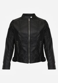 Born2be - Czarna Kurtka Ramoneska o Taliowanym Kroju ze Stójką na Nap Lissae. Okazja: na co dzień. Typ kołnierza: kołnierzyk stójkowy. Kolekcja: plus size. Kolor: czarny. Materiał: jeans. Styl: casual, elegancki, klasyczny #1