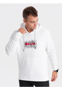 Ombre Clothing - Męska klasyczna bluza kangurka z nadrukiem - biała V1. Typ kołnierza: kaptur. Kolor: biały. Materiał: poliester, bawełna. Wzór: nadruk. Styl: klasyczny