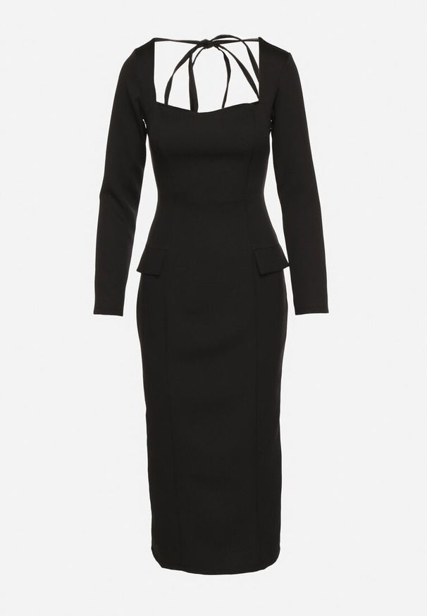 Born2be - Czarna Elegancka Sukienka Ołówkowa z Wiązaniem i Imitacją Kieszeni Tillirisa. Okazja: na co dzień, na spotkanie biznesowe, na imprezę. Kolor: czarny. Długość rękawa: długi rękaw. Typ sukienki: ołówkowe. Styl: elegancki