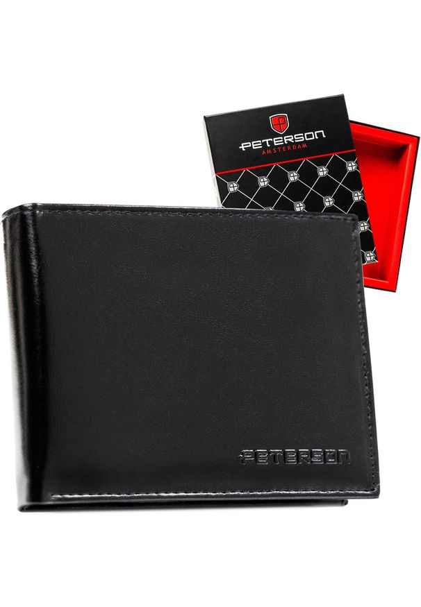 Elegancki, czarny portfel męski ze skóry naturalnej bez zapięcia zewnętrznego - Peterson. Kolor: czarny. Materiał: skóra