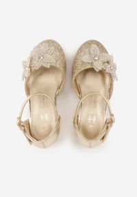 Born2be - Złote Sandały na Niskim Obcasie Ozdobione Brokatem Cyrkoniami i Kwiatami 3D Venatia. Kolor: złoty. Wzór: aplikacja, kwiaty #6