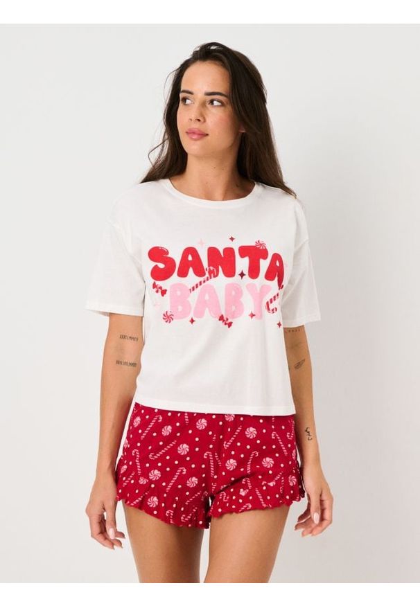 Sinsay - Świąteczna piżama z napisem "Santa Baby" - kremowy. Kolor: kremowy. Wzór: napisy