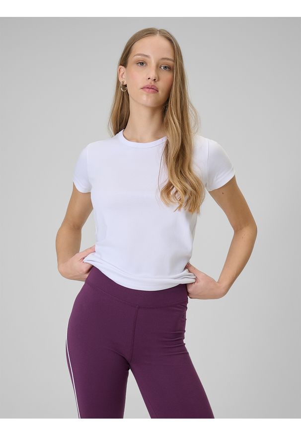 4f - 4F T-shirt slim gładki damski - biały M. Okazja: na co dzień. Kolor: biały. Materiał: bawełna, materiał. Długość: długie. Wzór: gładki. Styl: klasyczny, casual