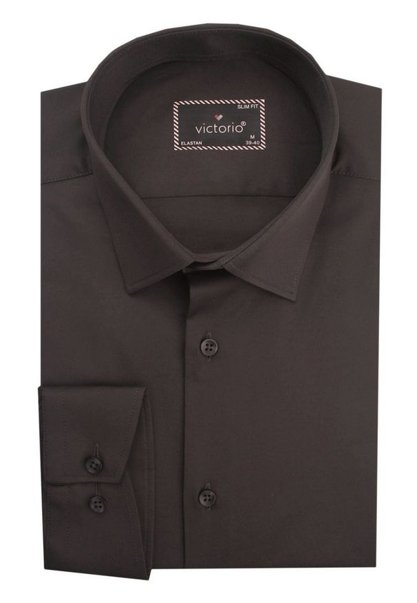 Elegancka Koszula Wizytowa, Krój Prosty - Victorio - Brązowa. Kolor: wielokolorowy, beżowy, brązowy. Materiał: bawełna, poliester, elastan. Styl: wizytowy, elegancki