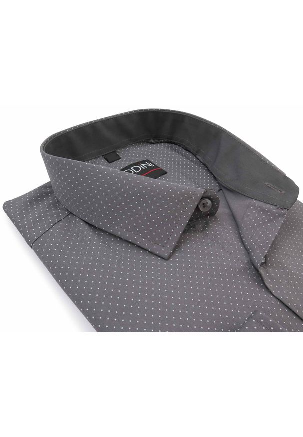 Modini - Szara koszula w białe kropki Y14. Typ kołnierza: kołnierzyk klasyczny. Kolor: szary, biały, wielokolorowy. Materiał: bawełna, poliester, tkanina. Długość: długie. Wzór: kropki. Styl: klasyczny