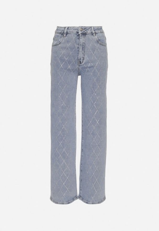 Born2be - Niebieskie Jeansy z Bawełną Szerokie z Cyrkoniami Iskio. Okazja: na co dzień. Kolor: niebieski. Wzór: aplikacja. Styl: elegancki, casual