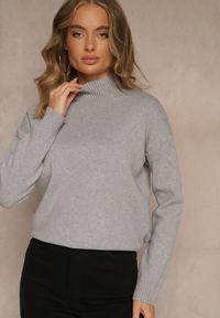Renee - Szary Gładki Golf Casual Raliana. Okazja: na co dzień. Typ kołnierza: golf. Kolor: szary. Materiał: skóra, jeans. Długość rękawa: długi rękaw. Długość: długie. Wzór: gładki. Styl: casual #3