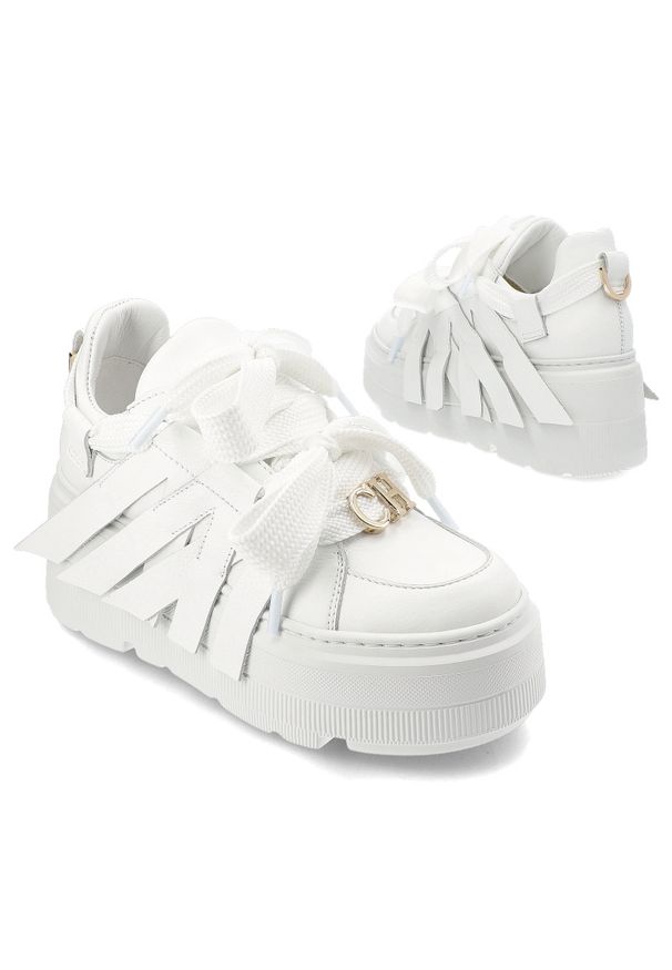 CheBello - Białe Sneakersy Chebello Modne Obuwie Damskie Na Platformie. Zapięcie: pasek. Kolor: biały. Materiał: materiał, skóra. Wzór: paski. Obcas: na platformie. Styl: elegancki