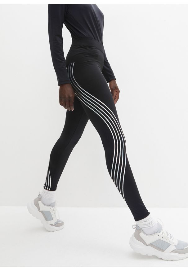 bonprix - Legginsy ocieplane z odblaskowymi elementami, dł. przed kostkę. Kolor: czarny. Styl: sportowy