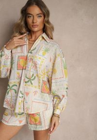 Renee - Beżowo-Żółta Koszula Typu Oversize z Motywem Owoców i Palm Rinariela. Okazja: na co dzień. Kolor: żółty. Materiał: jeans. Sezon: lato. Styl: casual, elegancki #3