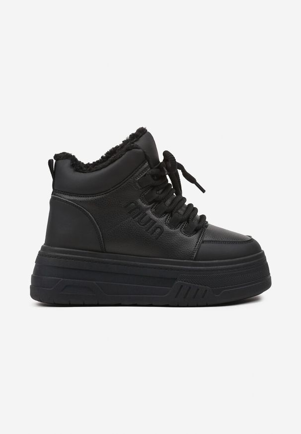 Renee - Czarne Sneakersy na Grubej Podeszwie Mocno Ocieplane Futrem Leavinael. Okazja: na co dzień. Kolor: czarny. Materiał: futro