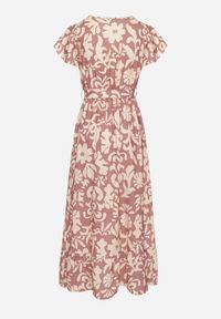 Born2be - Ciemnobeżowa Sukienka o Rozkloszowanym Kroju w Kwiaty Ozdobiona Paskiem Nilatra. Okazja: na co dzień. Kolor: beżowy. Długość rękawa: krótki rękaw. Wzór: kwiaty, aplikacja. Sezon: lato. Typ sukienki: rozkloszowane. Styl: elegancki, casual #2