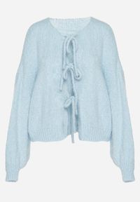 Born2be - Niebieski Kardigan Oversize z Wełną Zdobiony Kokardkami Eleathalie. Typ kołnierza: kokarda. Kolor: niebieski. Materiał: wełna. Wzór: aplikacja. Styl: klasyczny #6