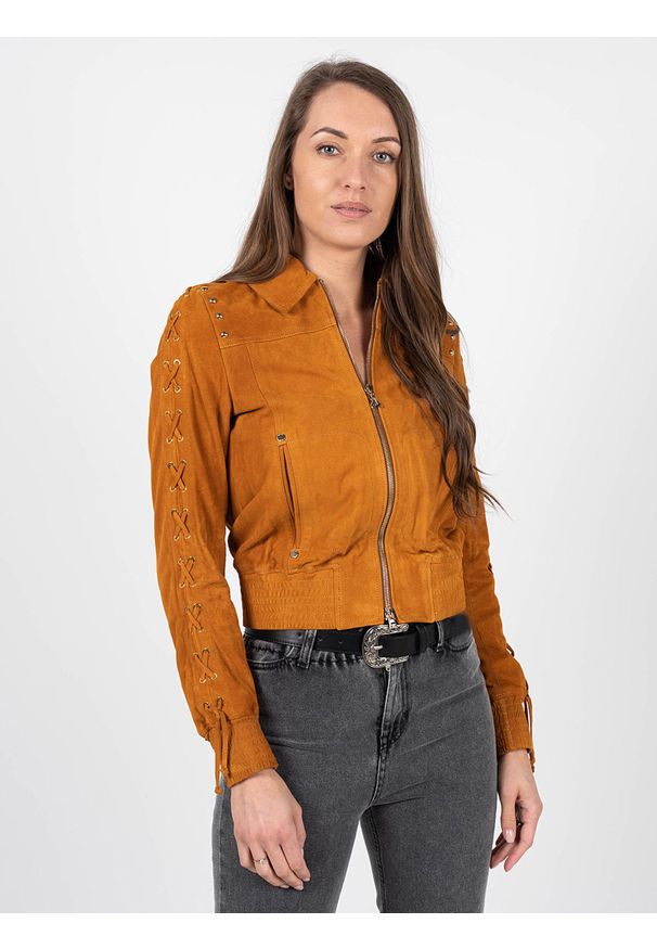 Patrizia Pepe Kurtka | 2L0873 A543 | Kobieta | Brązowy, Pomarańczowy. Okazja: na co dzień. Kolor: pomarańczowy, wielokolorowy, brązowy. Materiał: skóra. Wzór: aplikacja. Styl: casual