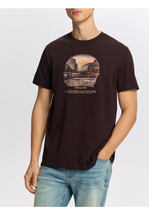 Reserved - T-shirt regular z nadrukiem - ciemnobrązowy. Kolor: brązowy. Materiał: dzianina, bawełna. Wzór: nadruk