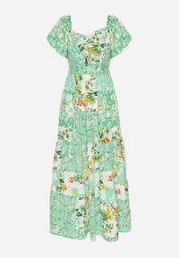 Born2be - Zielona Sukienka z Gumką w Pasie Ozdobiona Falbanką Guzikami i Wiązaniem na Plecach Dimiila. Okazja: na co dzień. Typ kołnierza: kołnierz z falbankami. Kolor: zielony. Długość rękawa: krótki rękaw. Wzór: aplikacja. Sezon: lato. Styl: casual #6