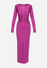 Born2be - Fioletowa Sukienka Koktajlowa z Ozdobnym Supełkiem i Rozcięciem Tefeti. Okazja: na imprezę. Typ kołnierza: dekolt w kształcie V. Kolor: fioletowy. Typ sukienki: dopasowane. Styl: wizytowy #2
