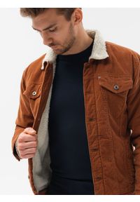 Ombre Clothing - Kurtka męska sztruksowa typu sherpa - brązowa V1 C524 - XL. Kolor: brązowy. Materiał: sztruks. Sezon: jesień, zima. Styl: klasyczny #8