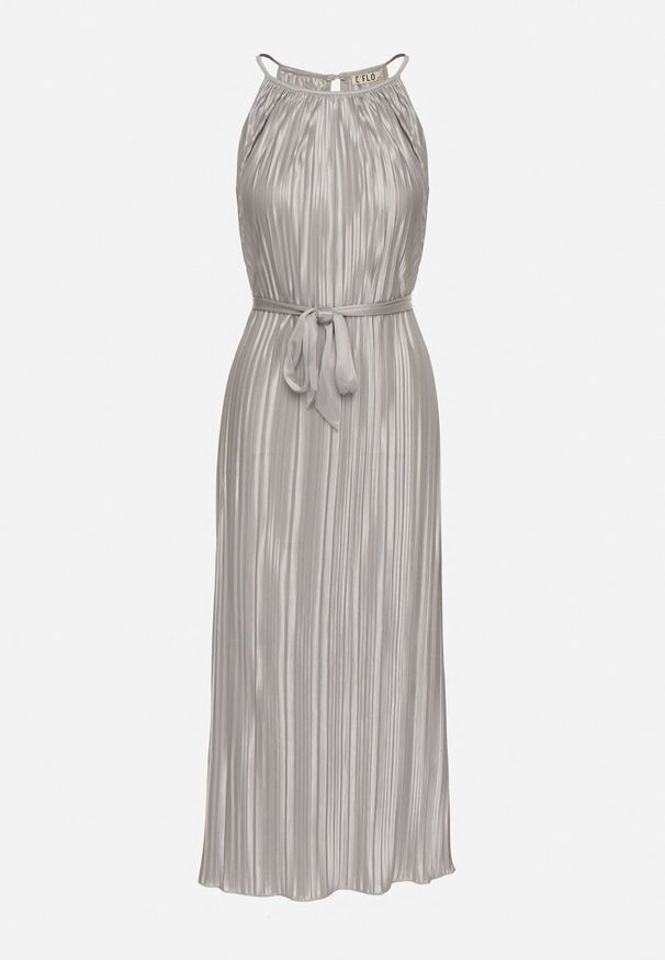 Born2be - Szara Plisowana Sukienka na Cienkich Ramiączkach Wiązana w Talii Virsea. Okazja: na ślub cywilny, na wesele, na studniówkę. Kolor: szary. Długość rękawa: na ramiączkach. Styl: klasyczny