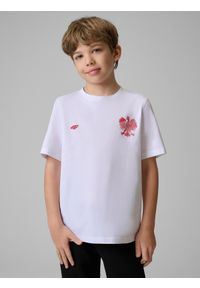 4f - 4F Koszulka kibica dziecięca - biała 134 (8-9 lat). Okazja: na co dzień. Kolor: biały. Materiał: dzianina, jersey, bawełna. Wzór: gładki, nadruk, napisy, ze splotem. Sezon: lato. Styl: casual, klasyczny, sportowy #1