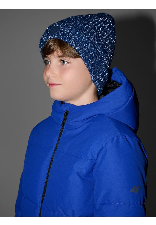 4f - 4F Czapka beanie odblaskowa chłopięca - niebieska Uniwersalny. Kolor: niebieski. Materiał: materiał, syntetyk. Sezon: zima. Styl: casual, klasyczny, młodzieżowy