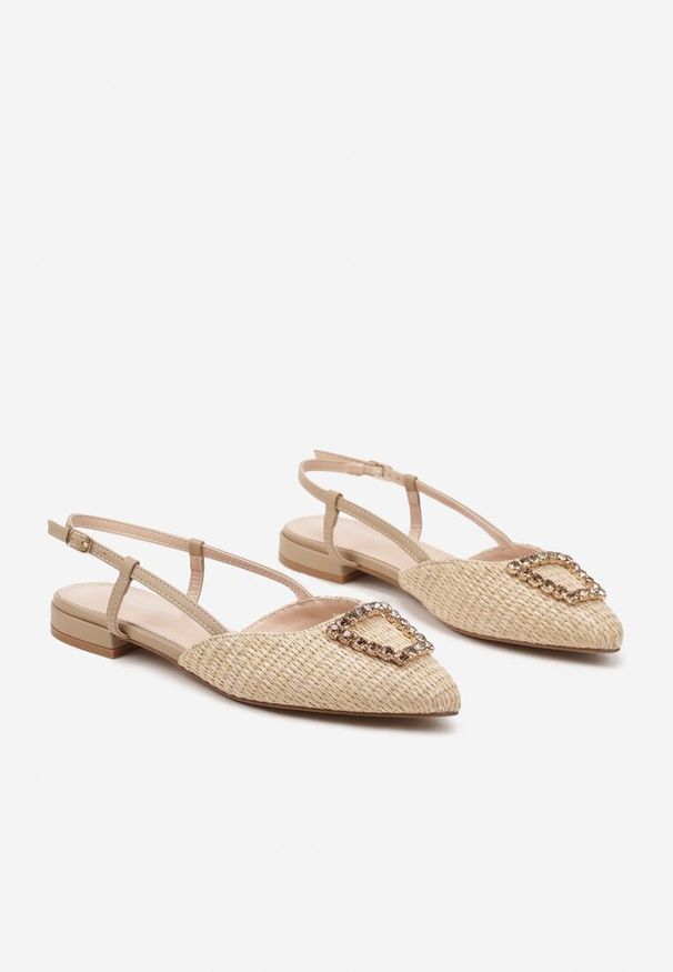 Renee - Beżowe Sandały ze Szpiczastym Noskiem z Plecionki i Biżuteryjną Aplikacją Abelira. Okazja: na co dzień. Nosek buta: szpiczasty. Kolor: beżowy. Wzór: aplikacja. Sezon: lato. Obcas: na obcasie. Styl: casual, elegancki, wizytowy. Wysokość obcasa: niski