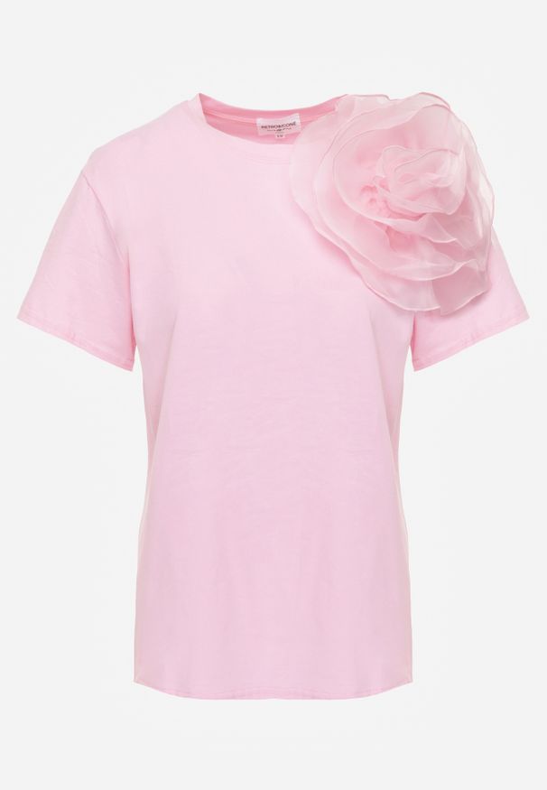 Renee - Różowy Bawełniany T-shirt z Krótkim Rękawem i Ozdobnym Kwiatem Krissas. Okazja: na co dzień, do pracy, na spotkanie biznesowe. Kolor: różowy. Materiał: bawełna. Długość rękawa: krótki rękaw. Długość: krótkie. Wzór: kwiaty. Styl: casual, biznesowy, elegancki