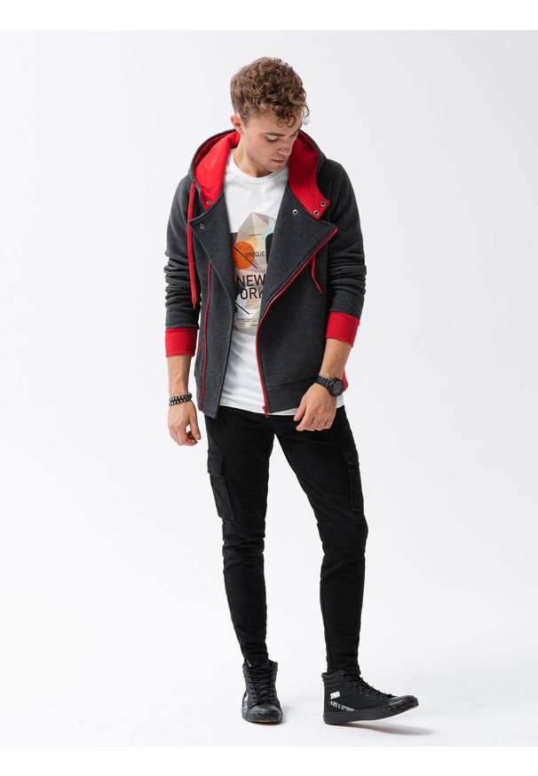 Ombre Clothing - Bluza męska rozpinana z kapturem B297 - grafitowa/czerwona - XXL. Typ kołnierza: kaptur. Kolor: czerwony. Materiał: poliester, bawełna, dzianina