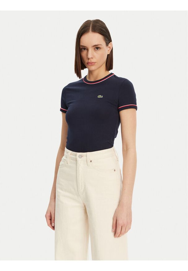 Lacoste T-Shirt TF0347 Granatowy Slim Fit. Kolor: niebieski. Materiał: bawełna